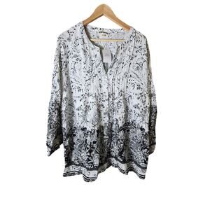 HOPE SPRINGS White Black Paisley Floral Bell Sleeve Boho Hippie Top SZ XXL